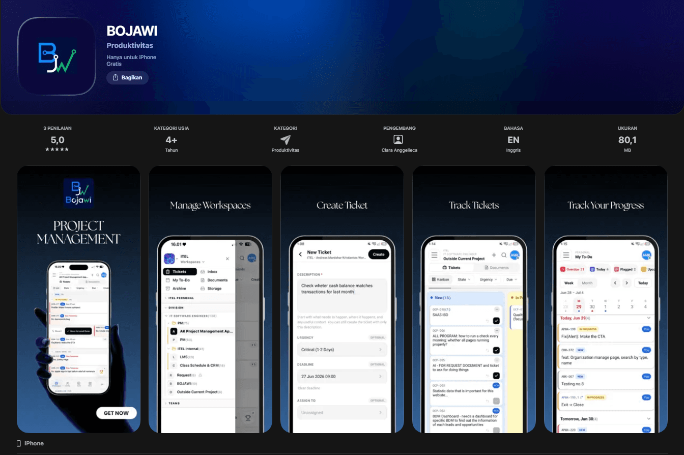BOJAWI App Store presentation showing workspaces, ticket creation, kanban tracking, and task progress