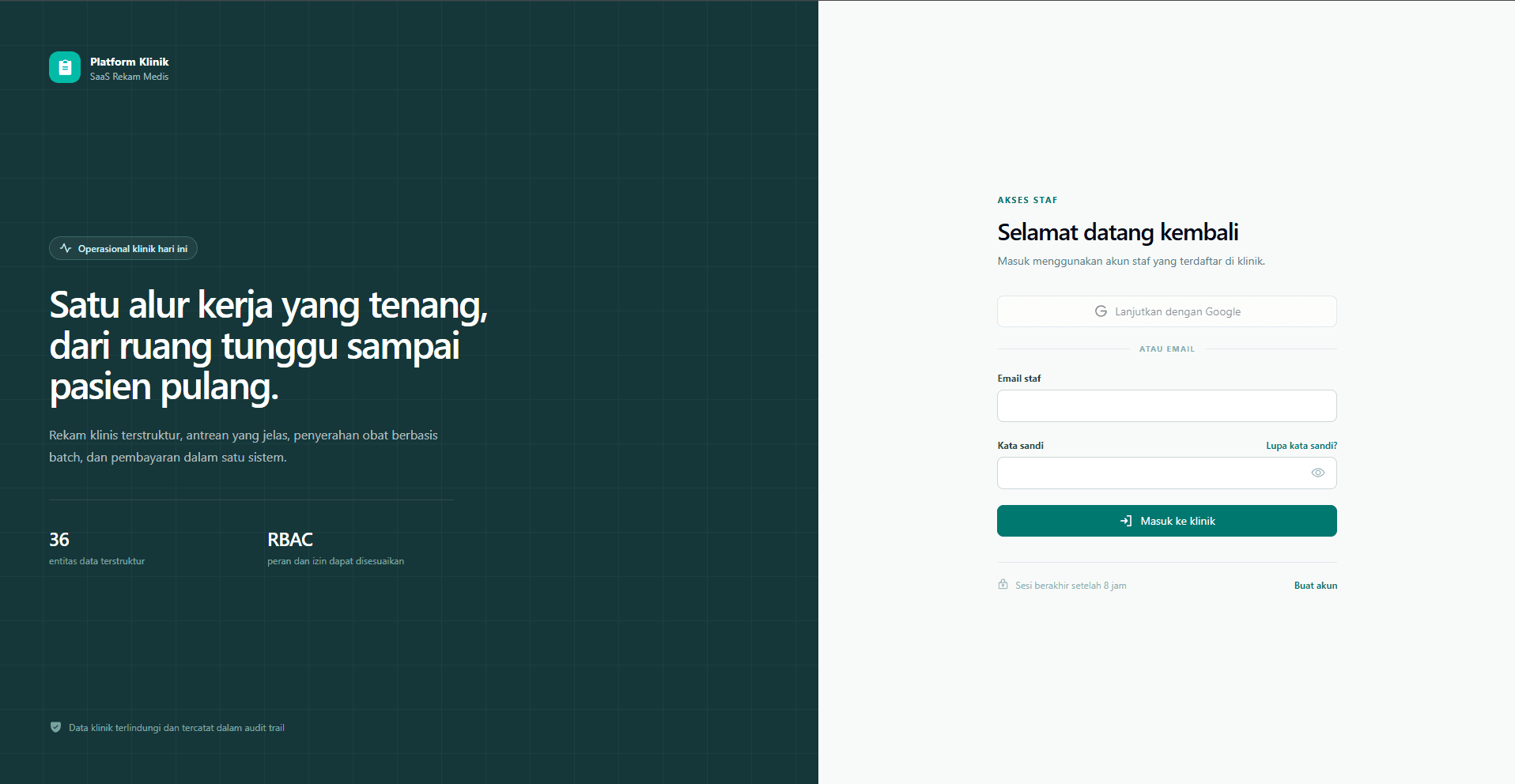 Platform Klinik EMR staff login screen with a dark teal clinical operations introduction and secure access form