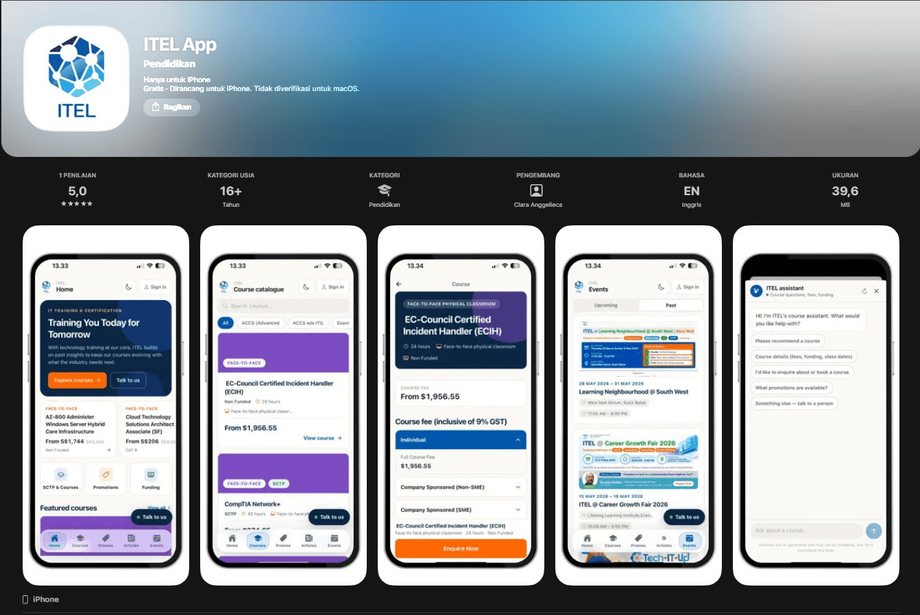 ITEL App Store presentation showing courses, course details, events, and ITEL assistant