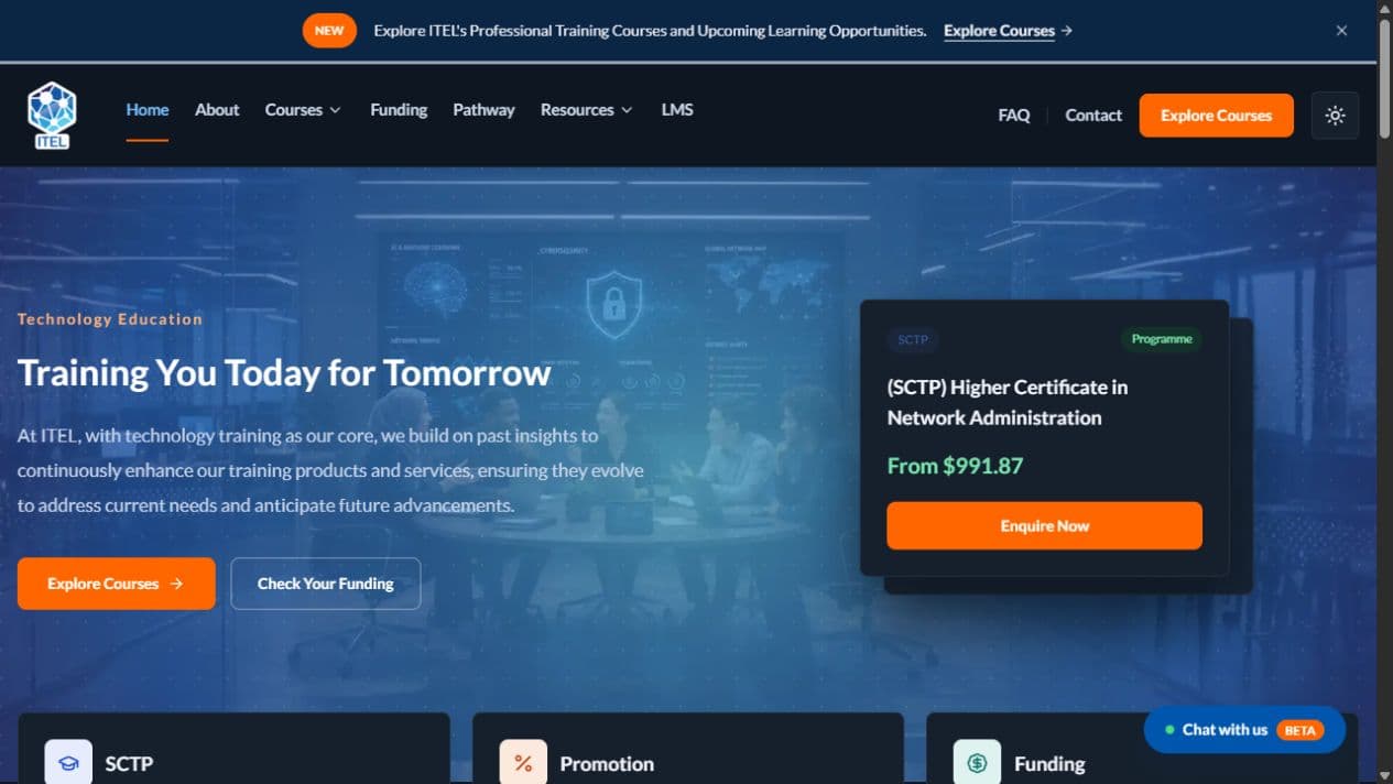 ITEL Learning Systems website homepage with technology training course and funding calls to action