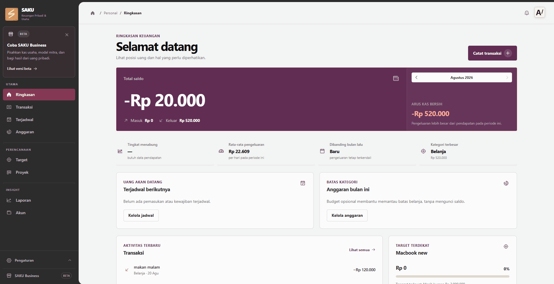 SAKU personal finance dashboard showing balance, cash flow, schedules, budgets, and recent transactions